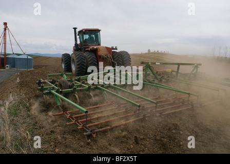 Ein Traktor und Grubber bereitet ein Feld für die Bepflanzung Garbanzo Bohnen / in der Nähe von Pullman, Palouse Region, Washington, USA. Stockfoto