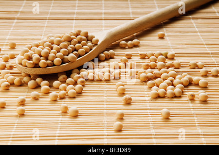 Nahaufnahme von Sojabohnen auf einem Holzlöffel Stockfoto