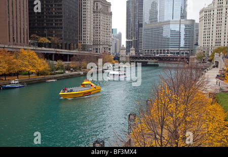 Chicago, Illinois - Tourboote auf dem Chicago River. Stockfoto