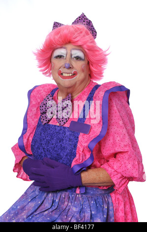 Clown gekleidet in rosa und lila auf einem weißen Hintergrund isoliert Stockfoto