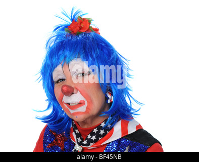 Porträt von Clown gekleidet in blau, rot und weiß Stockfoto