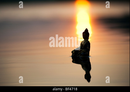 Silhouette der Buddha-Statue, die auf ruhigen stilles Wasser mit Sonnenaufgang in Indien schwimmende Stockfoto