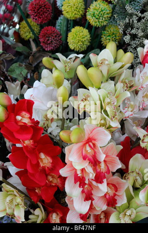 Trauben von bunten farbenfrohen gefälschte künstlichen Plastikblumen blüht auf Verkaufsmarkt unter freiem Himmel ho Chi Minh Stadt Vietnam Asien Stockfoto