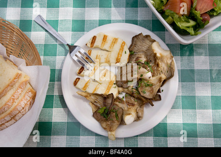 Typische Halloumi-Käse mit Pilzen, Mese, verschiedene Spezialitäten, die auf kleinen Tellern, Taverne im Dorf Tochni, Zypern, Stockfoto