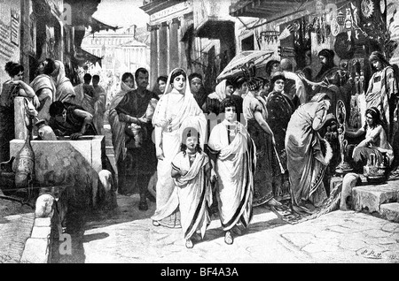 Die römischen Patrizier Cornelia geht mit ihrer Söhne, Tiberius und Gaius Gracchus. Jeder junge trägt einen Bulla. Stockfoto