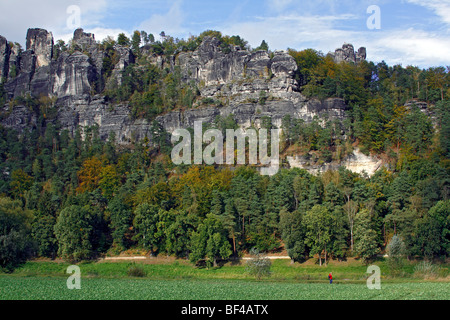 Bastei, Felsformationen in das Elbsandsteingebirge auf dem Fluss Elbe, Rathen, Nationalpark Sächsische Schweiz, Sachsen, Ger Stockfoto