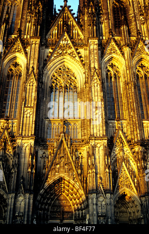 Koelner Dom Kölner Dom im Abendlicht, Westfassade im gotischen Stil, Domplatte Domplatz, Altstadt, Köln, Stockfoto