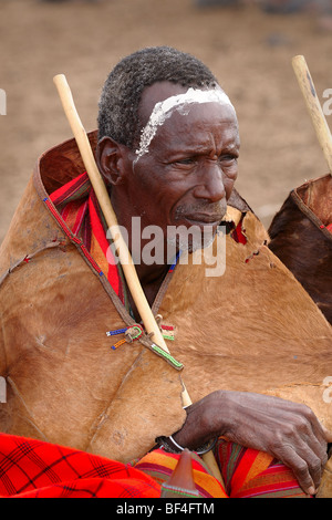 Maasai elder beobachten die Krieger tanzen in seinem Dorf. Stockfoto