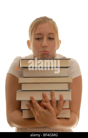 18 Jahre alte Frau mit Bücher, suchen verzweifelt, lernen, stress Stockfoto