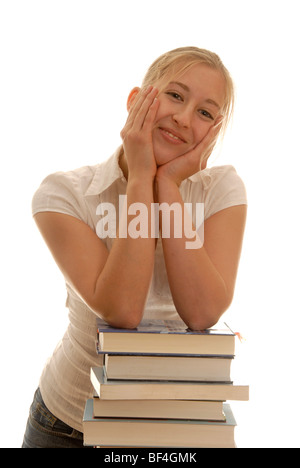 18 Jahre alte Frau mit Büchern, lachen, Spaß am Lernen Stockfoto