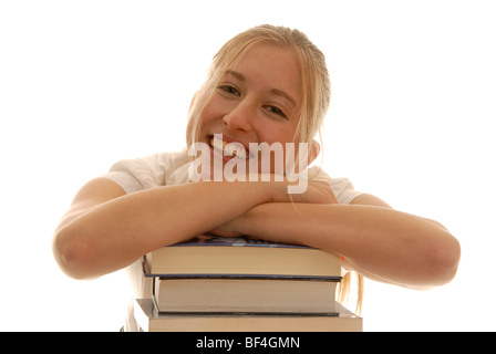 18 Jahre alte Frau mit Büchern, lachen, Spaß am Lernen Stockfoto