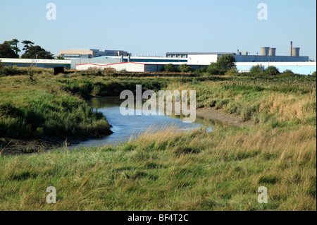 Ansicht von Pfizer Pharmaceuticals und die großen Stonar genommen vom Fluss Stour in der Nähe von Sandwich in Kent Stockfoto