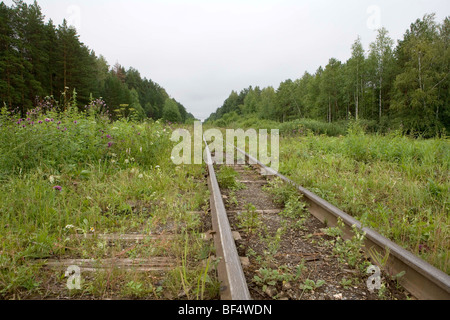 Einspurige Eisenbahnlinie zwischen Wald, Ural aufgegeben, Russland Stockfoto