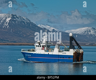 Fischkutter mit Mt Esja im Hintergrund, Hafen von Reykjavik, Island Stockfoto