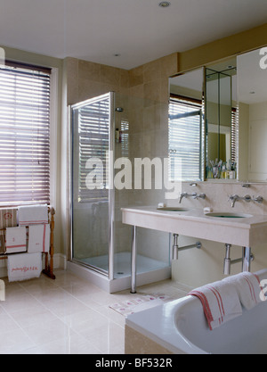 Glas Duschkabine im modernen Badezimmer mit Spiegelschrank über Waschtischunterbau mit Doppelwaschbecken Stockfoto