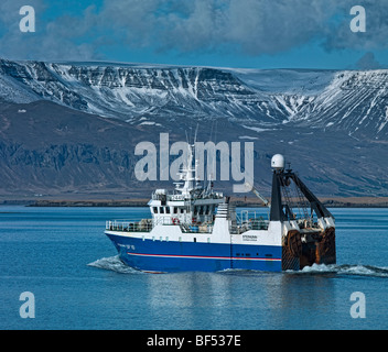 Fischkutter mit Mt Esja im Hintergrund, Hafen von Reykjavik, Island Stockfoto