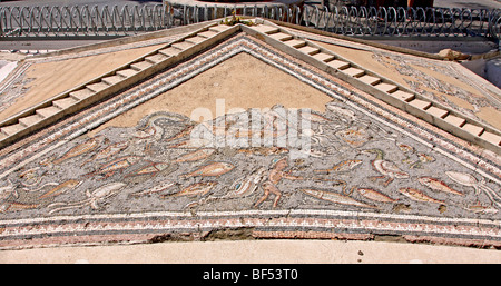 Alten römischen Brunnen, 4. Jahrhundert, Mosaik mit Fische, Boote und Meerestiere, Limín Chersonisou, Hersonissos, Kreta, Griechenland, Stockfoto