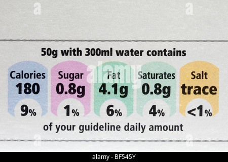 Ernährungswissenschaftliche Informationen mit typischen Essen Inhalt Werte mit %GDA auf Paket von Brei Hafer in Nahaufnahme. England Großbritannien Großbritannien Stockfoto