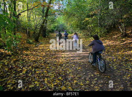 Kinder, die Radfahren in den Park zu Fuß in der Nähe von Crouch End, London. Stockfoto