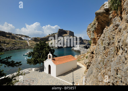 Kapelle beim Apostel Paulus's Bay, Agios Pavlos Bay, Lindos, Rhodos, Griechenland, Europa Stockfoto