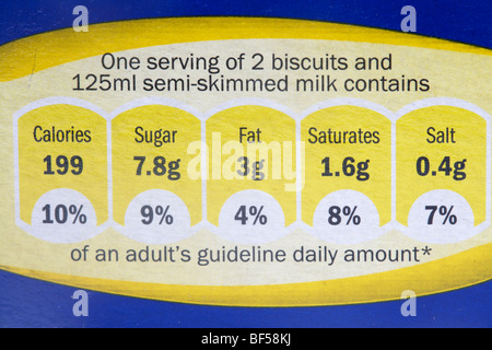 Prozentsatz der Leitlinie tägliche Menge Lebensmittel Label auf ein Feld von Frühstücks-Cerealien im Vereinigten Königreich Stockfoto