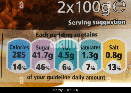 Prozentsatz der Leitlinie tägliche Menge Nahrung beschriften Ona Schokolade Pudding im Vereinigten Königreich mit hohem Zucker- und hohen Salzgehalt Stockfoto