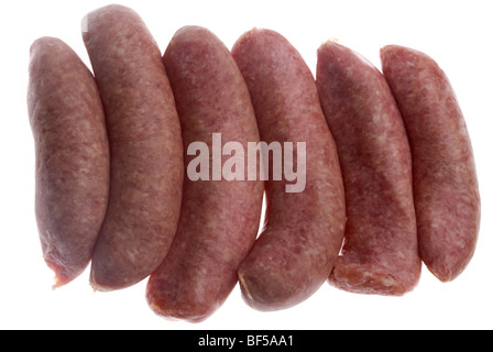 Rohe Links von Fleischwurst aus organischen britische Saddleback Schweine aufgezogen in Irland Stockfoto