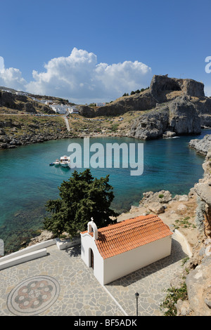 Kapelle beim Apostel Paulus's Bay, Agios Pavlos Bay, Lindos, Rhodos, Griechenland, Europa Stockfoto