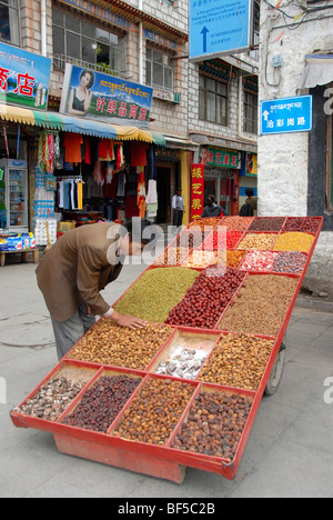 Mobiler Marktstand, Händler verkaufen, getrockneten Früchten und Nüssen, Altstadt von Lhasa, Himalaya, autonomes Gebiet Tibet, Stockfoto