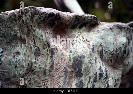 Peter Pan Autor J M Barrie Unterschrift auf Peter Pan Statue in Egmont Park Brüssel Belgien Stockfoto