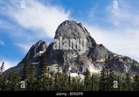 Nach oben auf die Nordwand der Liberty Bell Mountain in den Nord-Kaskaden in der Nähe von Washington Pass, Washington am Highway 20, USA. Stockfoto