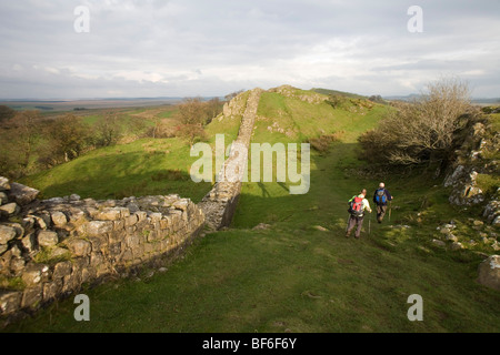 Hadrian Wand Northumberland England uk. Coast to Coast Walk 117 Kilometer lang. Lage Wand Town Craggs. Stockfoto