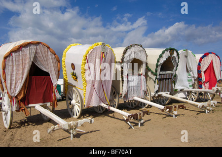 Tipicals Wagen in El Rocio Village, Romer (Pilgerfahrt) nach El Rocio. Almonte, Provinz Huelva, Andalusien, Spanien Stockfoto