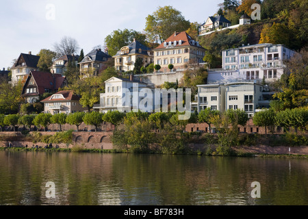 Villenviertel Fluss Neckar in Heidelberg, Baden-Württemberg, Deutschland Stockfoto