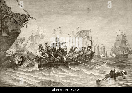 Master Kommandant Oliver Hazard Perry Übertragung von uns Brig Lawrence auf uns Brig Niagara während Schlacht von See Erie, 1813. Stockfoto