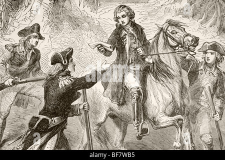 Major John Andre ist John Paulding, David Williams und Isaac Van Wart im amerikanischen Unabhängigkeitskrieg gefangen genommen. Stockfoto