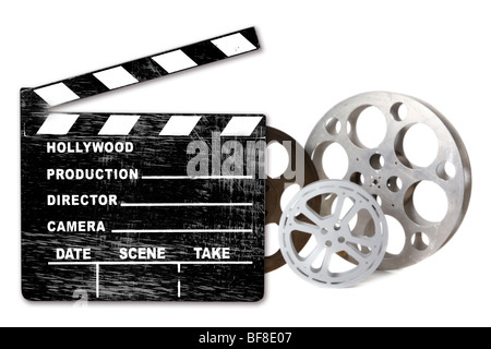 Hollywood Filmdosen, Isolated on White mit Direktoren Schindeln Stockfoto