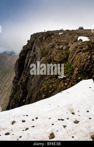 Blick auf die Nordwand und den Gipfel des höchsten britischen Berges, Ben Nevis, vom schneebedeckten Hochplateau des Observatory Gully. Stockfoto