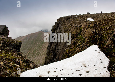 Blick auf die Nordwand und den Gipfel des höchsten britischen Berges, Ben Nevis, vom schneebedeckten Hochplateau des Observatory Gully. Stockfoto