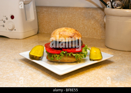 Ein Hamburger auf ein Ciabatta-Brötchen Stockfoto