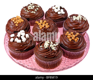 PLATTE AUS SATINIERTEM SCHOKOLADENTÖRTCHEN ODER MUFFINS Stockfoto