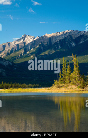 Palisades Bergkette betrachtet aus dem Athabasca River, Jasper Nationalpark, Alberta, Kanada Stockfoto