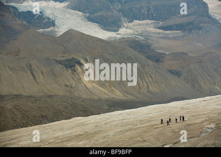 Touristen auf geführte Wanderung über den Athabasca Gletscher, Columbia Icefields, Jasper Nationalpark, Alberta, Kanada Stockfoto