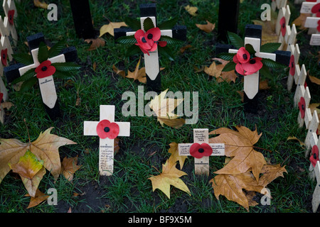 Kreuze mit Mohnblumen in dem Garden of Remembrance in der Westminster Abbey Stockfoto