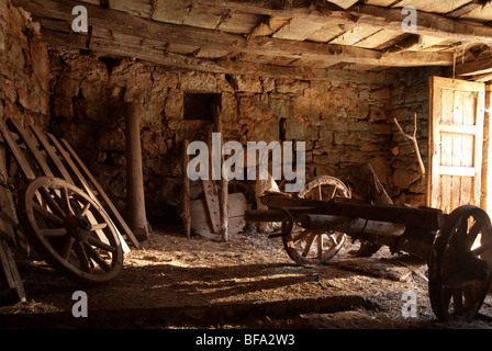 Alte Bauern-Wagen in einem Kalkstein-Scheune, Istrien, Kroatien Stockfoto