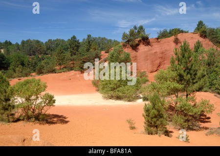 Ocker Landschaft bei Rustrel, die Französisch Colorado oder Colorado-En-Provence, Naturpark Luberon, Provence, Vaucluse, Fran Stockfoto