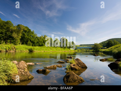 Wandern im Tal entlang des Flusses Wye Wye Tintern, Monmouthshire. Fluss Wye setzt eine natürliche Grenze zwischen Wales und England. Stockfoto