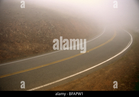 Nebel schränkt Sichtbarkeit auf einer Fahrbahn auf Mount Tamalpais im Mount Tamalpais State Park in Marin County, Kalifornien, USA. Stockfoto