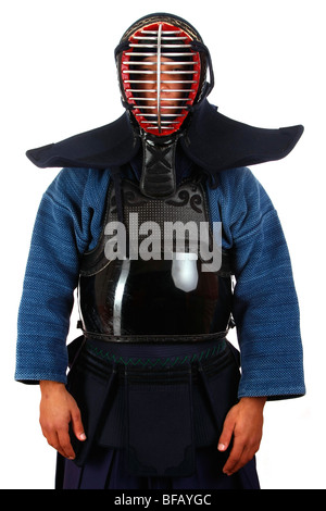 Mann in uniform Kendo. isoliert auf weiss. Stockfoto