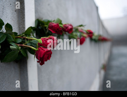 rote Rosen in der Berliner Mauer am 20. Jahrestag des Falls der Mauer um denen zu gedenken, starb auf der Flucht Stockfoto